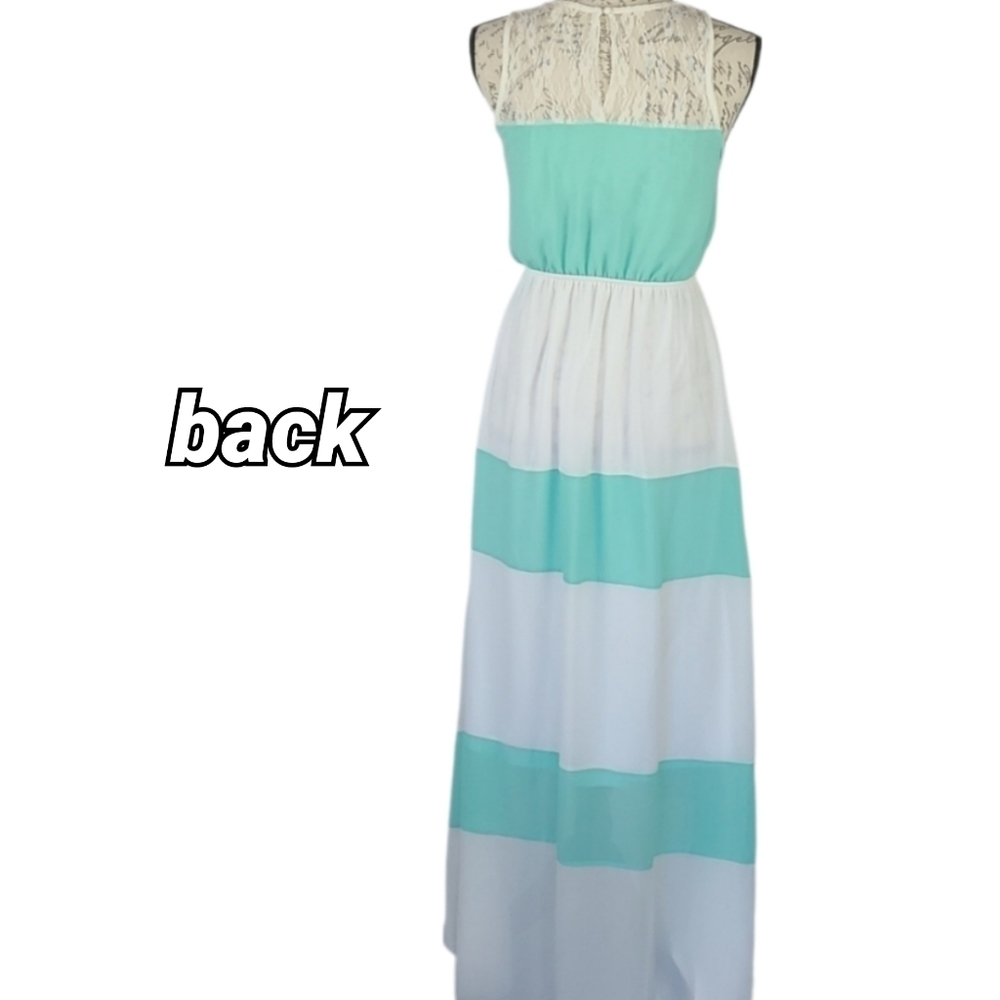 Y2K Vintage Maxi Dress Lace Bust White Turquoise Blue Color Block Dress - Picture 4 of 8
